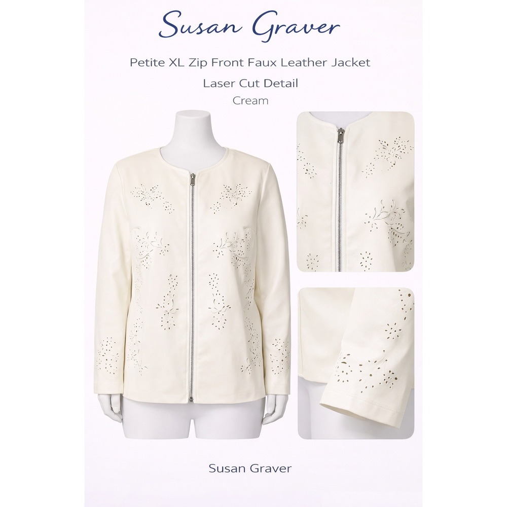 Susan Graver Petite XL Petite Zip Front Faux Leather Jacket Laser‎ Detail Cream